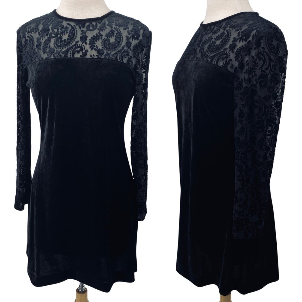 Vintage 90s Crushed Velvet Mini Dress Paisley Illusion Neck Long Sleeve Black M
